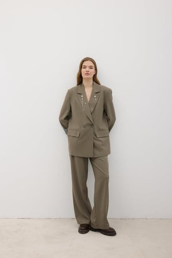 C28-5824-HAKİ-LLEVUREDış GiyimKadın Omzu Vatkalı Düğmeli Blazer Ceket HAKİ