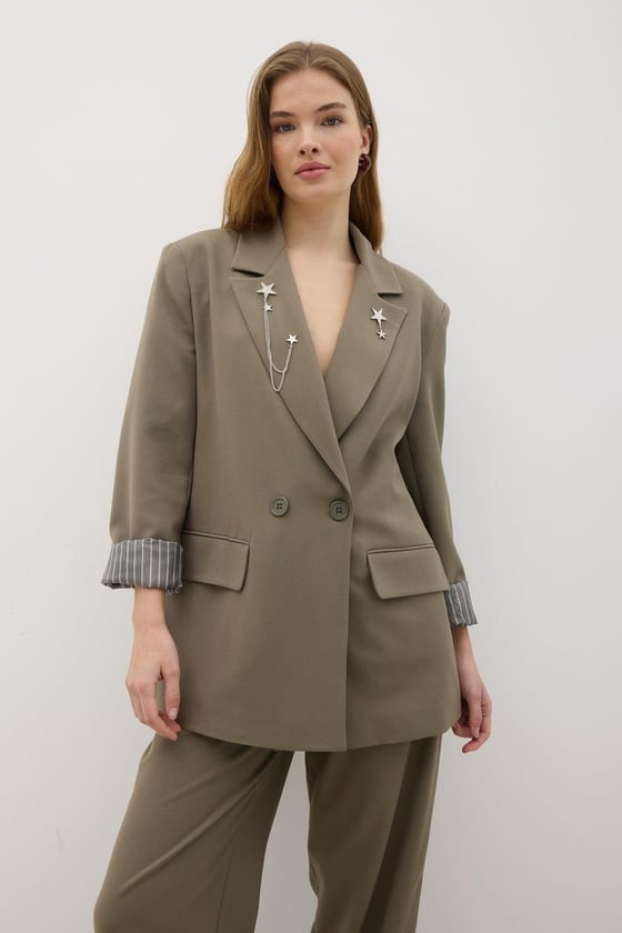 C28-5824-HAKİ-LLEVUREDış GiyimKadın Omzu Vatkalı Düğmeli Blazer Ceket HAKİ