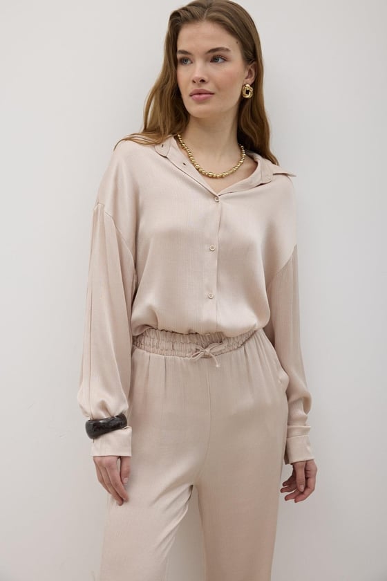 G28-4877-TAŞ-LLEVUREÜst GiyimKadın Önü Düğmeli Oversize Saten Gömlek TAŞ