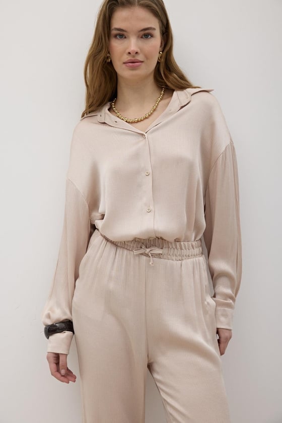 G28-4877-TAŞ-LLEVUREÜst GiyimKadın Önü Düğmeli Oversize Saten Gömlek TAŞ