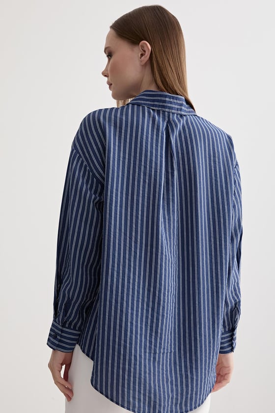 G27-4815-LACİVERTLEVUREÜst GiyimKadın Oversize Çift Çizgili Gömlek LACİVERT