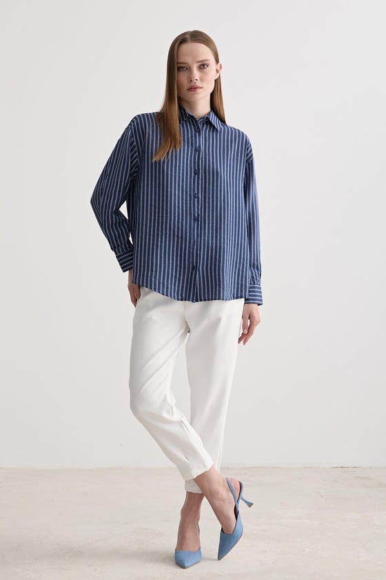 G27-4815-LACİVERTLEVUREÜst GiyimKadın Oversize Çift Çizgili Gömlek LACİVERT