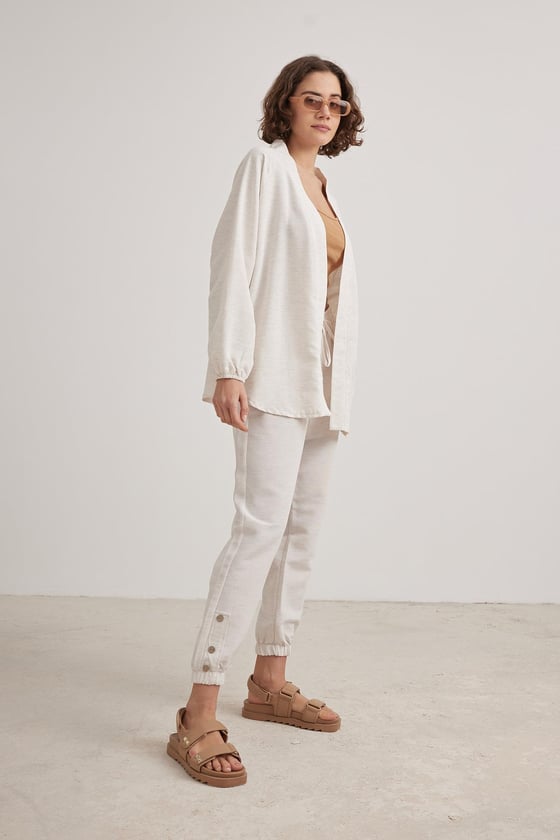 Kadın Oversize Keten Hırka TAŞ