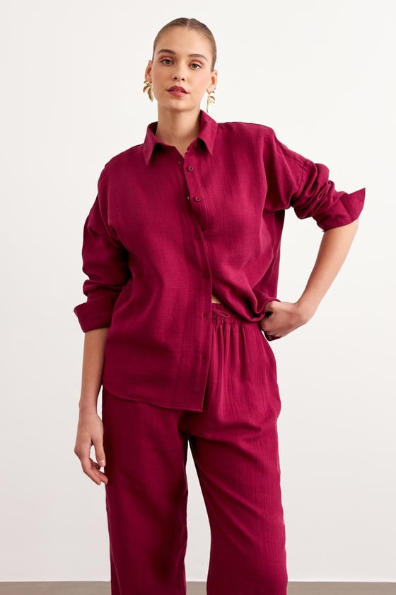 G28-4846*-BORDO-LLEVUREÜst GiyimKadın Uzun Kollu Oversize Müslin Gömlek BORDO