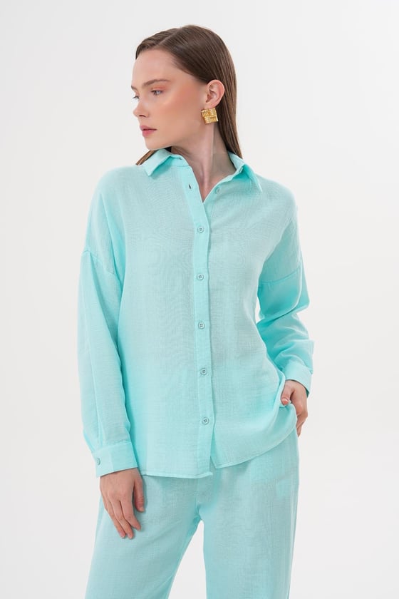 G28-4846*-MİNT-LLEVUREÜst GiyimKadın Uzun Kollu Oversize Müslin Gömlek MİNT