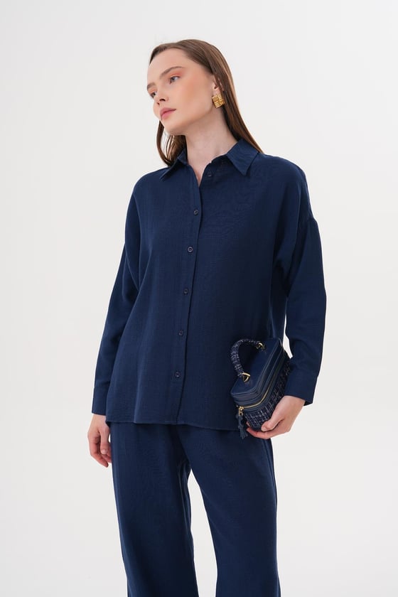 G28-4846*-LACİVERT-LLEVUREÜst GiyimKadın Uzun Kollu Oversize Müslin Gömlek LACİVERT