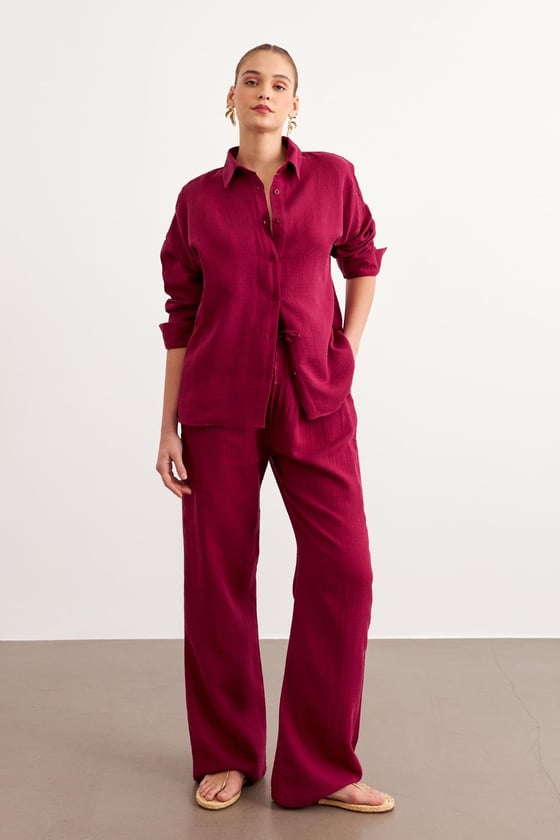 G28-4846*-BORDO-LLEVUREÜst GiyimKadın Uzun Kollu Oversize Müslin Gömlek BORDO