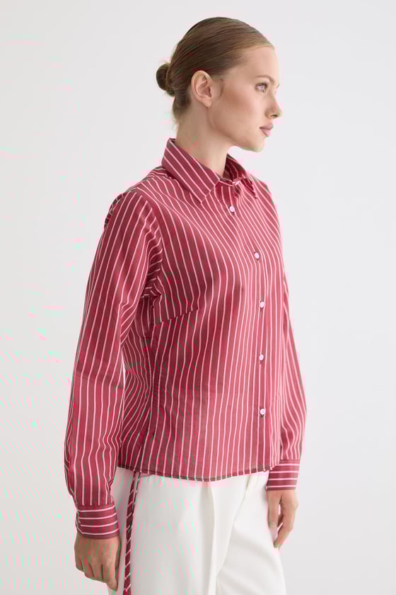 G28-4005-BORDO-LLEVUREÜst GiyimKadın Yan Büzgülü Bağcıklı Çizgili Gömlek BORDO