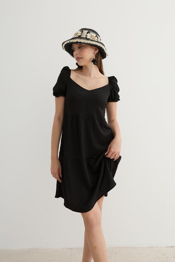 E27-7289-SİYAHLEVUREÜst GiyimKarpuz Kol Detaylı Kısa Elbise SİYAH