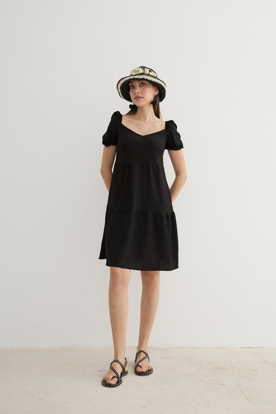 E27-7289-SİYAHLEVUREÜst GiyimKarpuz Kol Detaylı Kısa Elbise SİYAH