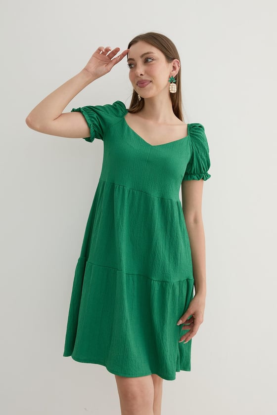 E27-7289-YEŞİLLEVUREÜst GiyimKarpuz Kol Detaylı Kısa Elbise YEŞİL