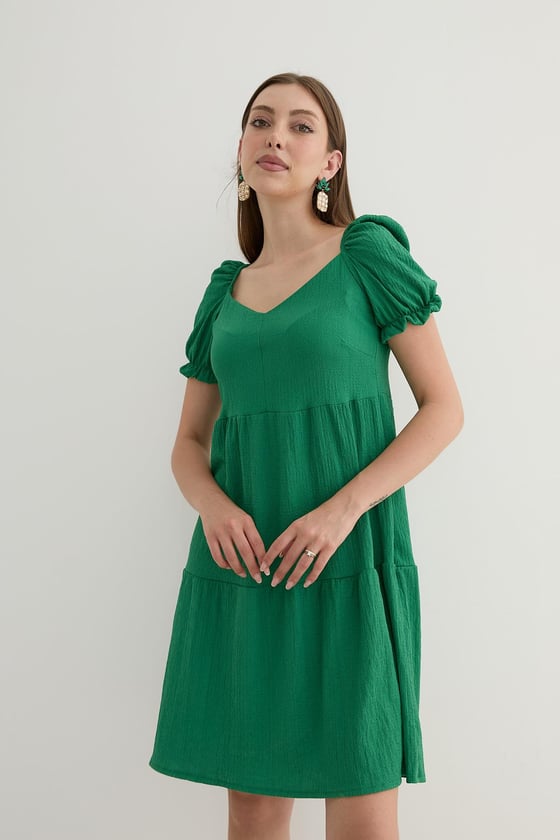 E27-7289-YEŞİLLEVUREÜst GiyimKarpuz Kol Detaylı Kısa Elbise YEŞİL