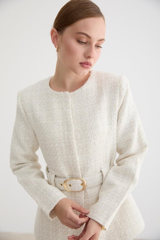 C28-5855-EKRU-LLEVUREDış GiyimKemer Detaylı Kadın Ceket EKRU