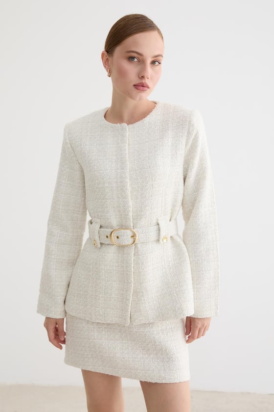 C28-5855-EKRU-LLEVUREDış GiyimKemer Detaylı Kadın Ceket EKRU