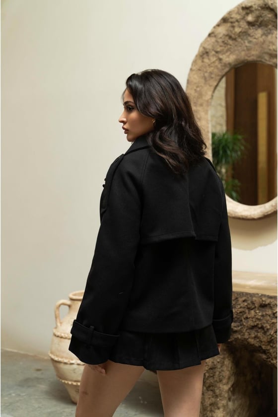 M28-5873-SİYAH-LLEVUREDış GiyimKruvaze Düğmeli Kısa Kaban SİYAH