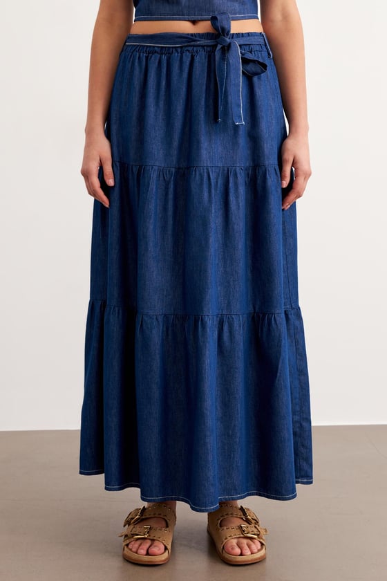 E28-6200-RİNSYIKAMA-LLEVUREAlt GiyimKuşaklı Uzun Kot Etek RİNS YIKAMA