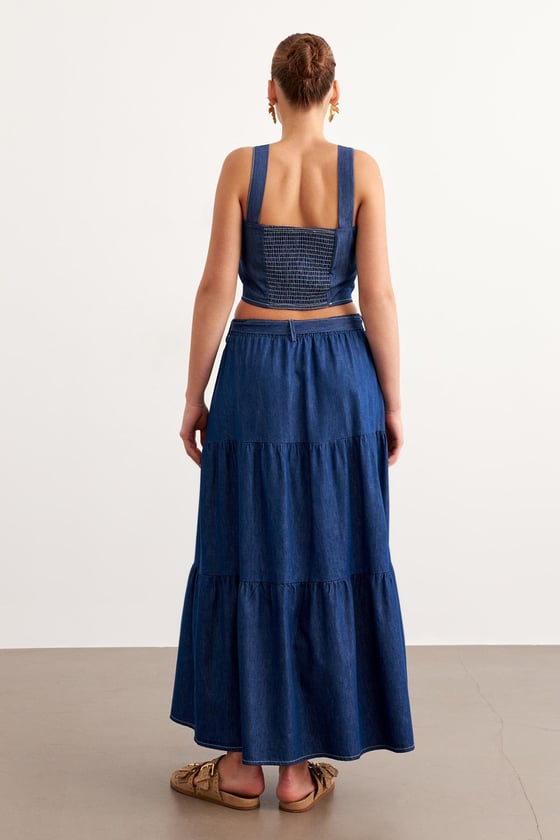 E28-6200-RİNSYIKAMA-LLEVUREAlt GiyimKuşaklı Uzun Kot Etek RİNS YIKAMA