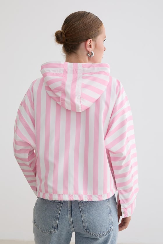 M28-5654-PEMBEÇİZGİLİ-LLEVUREDış GiyimMarine Çizgili Kapüşonlu Ceket PEMBE ÇİZGİLİ