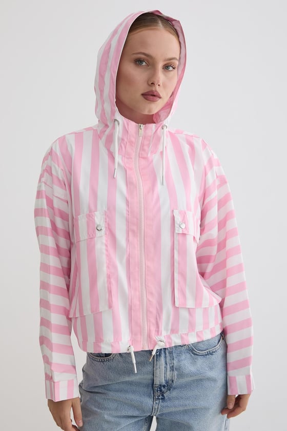 M28-5654-PEMBEÇİZGİLİ-LLEVUREDış GiyimMarine Çizgili Kapüşonlu Ceket PEMBE ÇİZGİLİ
