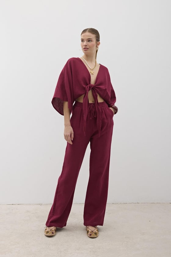 P28-3428*-BORDO-LLEVUREAlt GiyimMüslin Salaş Kadın Pantolon BORDO