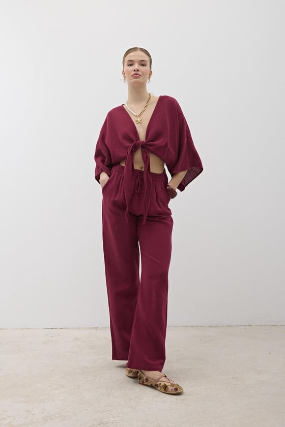 P28-3428*-BORDO-LLEVUREAlt GiyimMüslin Salaş Kadın Pantolon BORDO