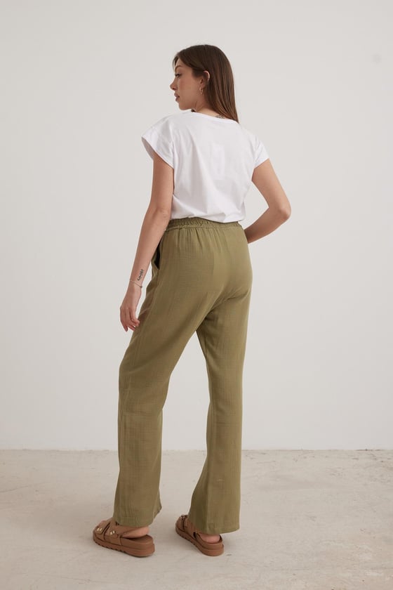 P28-3428*-HAKİ-LLEVUREAlt GiyimMüslin Salaş Kadın Pantolon HAKİ