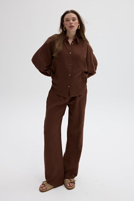 P28-3428*-KAHVE-LLEVUREAlt GiyimMüslin Salaş Kadın Pantolon KAHVE