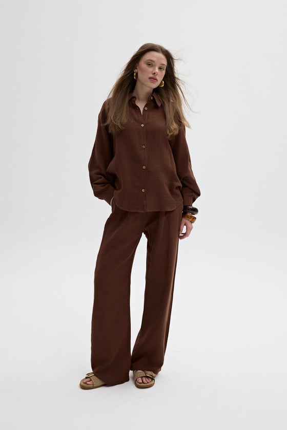 P28-3428*-KAHVE-LLEVUREAlt GiyimMüslin Salaş Kadın Pantolon KAHVE