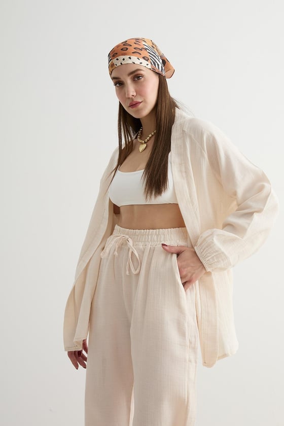 P28-3428*-TAŞ-LLEVUREAlt GiyimMüslin Salaş Kadın Pantolon TAŞ