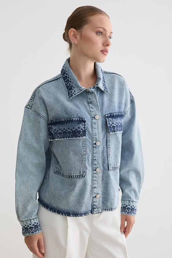 C28-5846-BLUE-LLEVUREDış GiyimNakış Detaylı Denim Kot Ceket BLUE