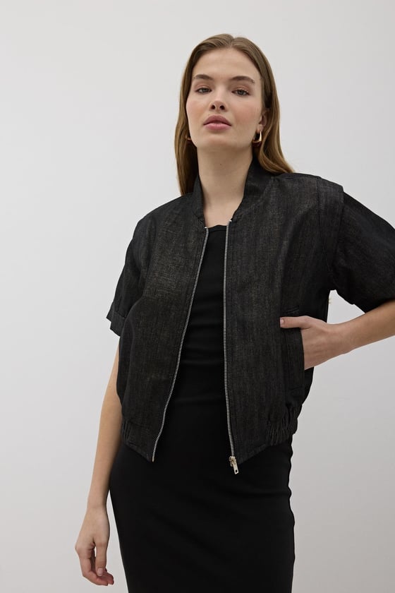 C28-5817-BLACK-LLEVUREDış GiyimOmzu Vatkalı Önü Fermuarlı Ceket BLACK