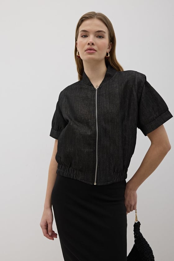 C28-5817-BLACK-LLEVUREDış GiyimOmzu Vatkalı Önü Fermuarlı Ceket BLACK