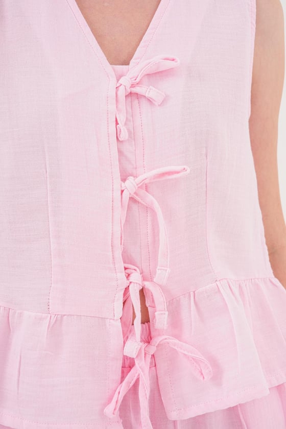 G28-4883*-PEMBE-LLEVUREÖn Bağlamalı Kolsuz Bluz PEMBE