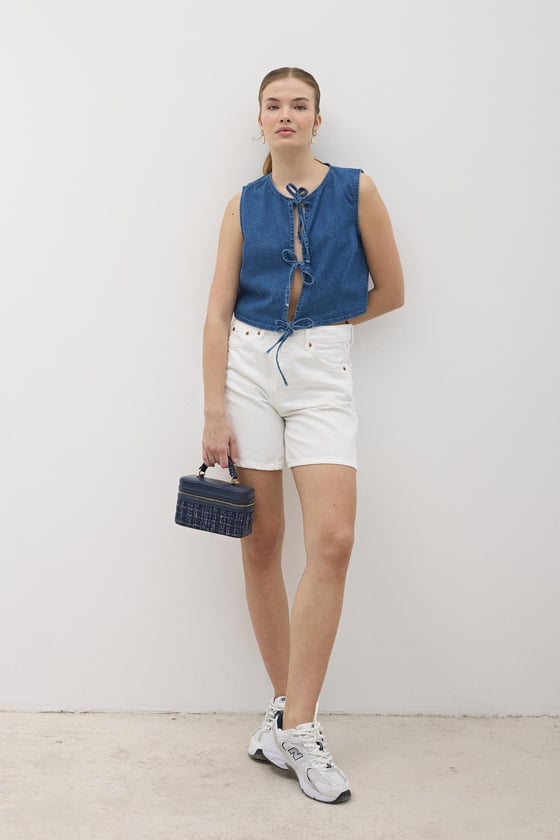 Y28-9086-KOYUMAVİ-LLEVUREDış GiyimÖnü Bağlamalı Kolsuz Kot Yelek KOYU MAVİ