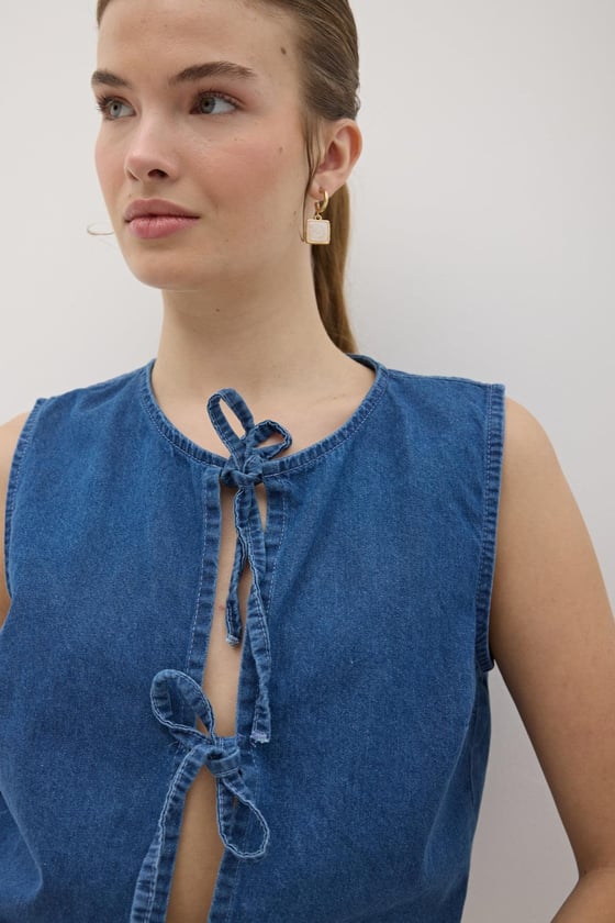 Y28-9086-KOYUMAVİ-LLEVUREDış GiyimÖnü Bağlamalı Kolsuz Kot Yelek KOYU MAVİ