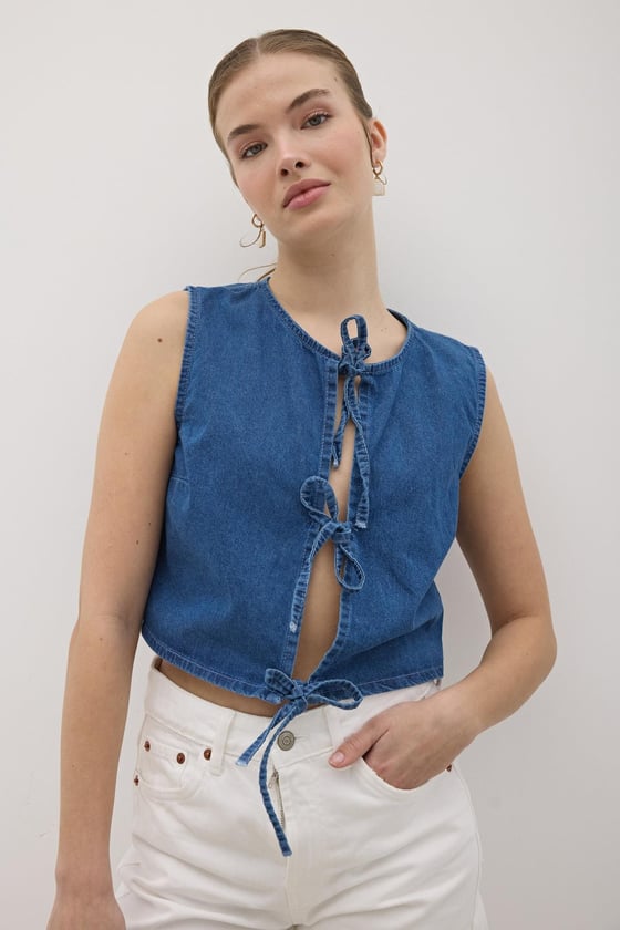 Y28-9086-KOYUMAVİ-LLEVUREDış GiyimÖnü Bağlamalı Kolsuz Kot Yelek KOYU MAVİ