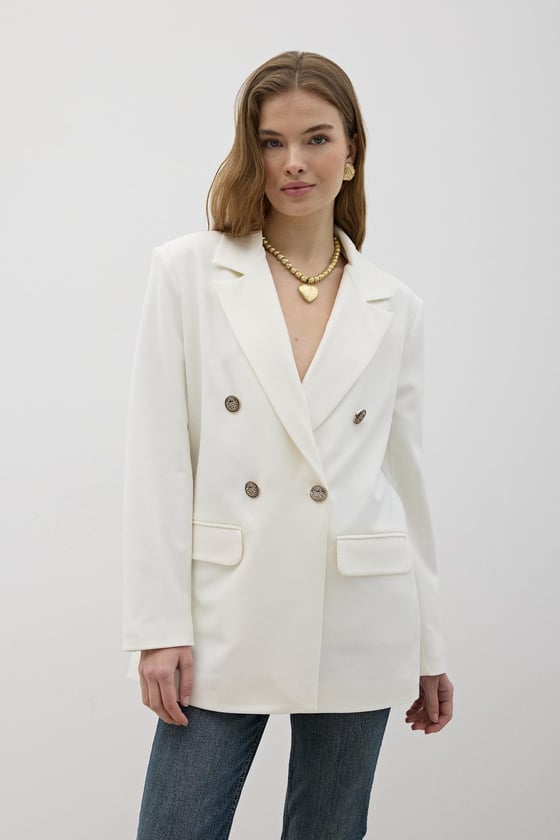 C28-5828-BEYAZ-LLEVUREDış GiyimÖnü Düğme Detaylı Omzu Vatkalı Blazer Ceket BEYAZ