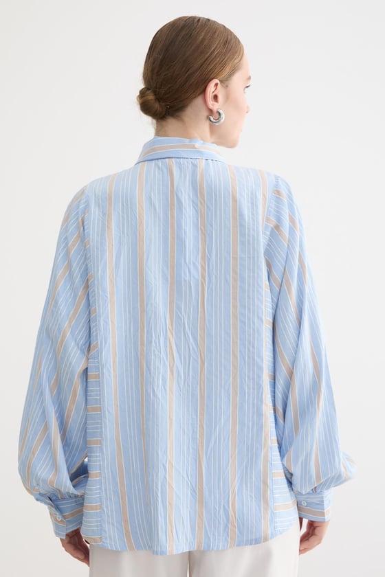 G28-4004-MAVİ-LLEVUREÜst GiyimÖnü Düğmeli Çizgili Oversize Gömlek MAVİ