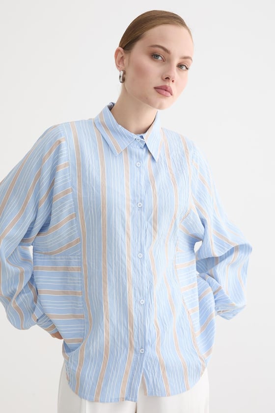 G28-4004-MAVİ-LLEVUREÜst GiyimÖnü Düğmeli Çizgili Oversize Gömlek MAVİ