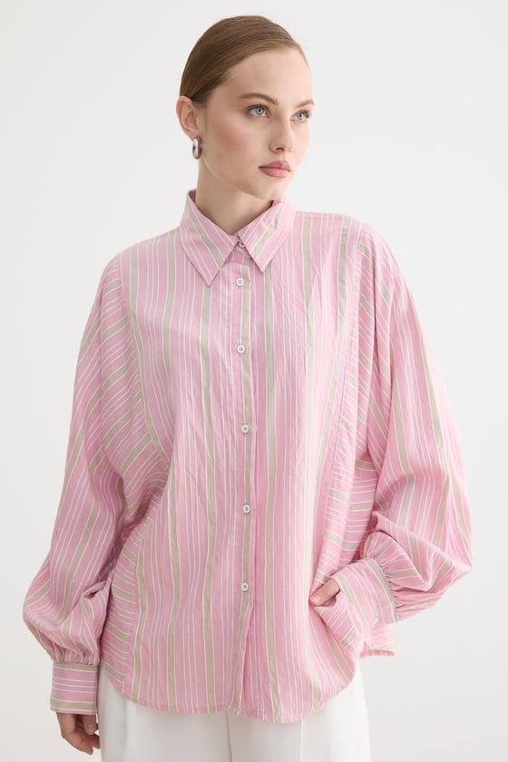 G28-4004-PEMBE-LLEVUREÜst GiyimÖnü Düğmeli Çizgili Oversize Gömlek PEMBE
