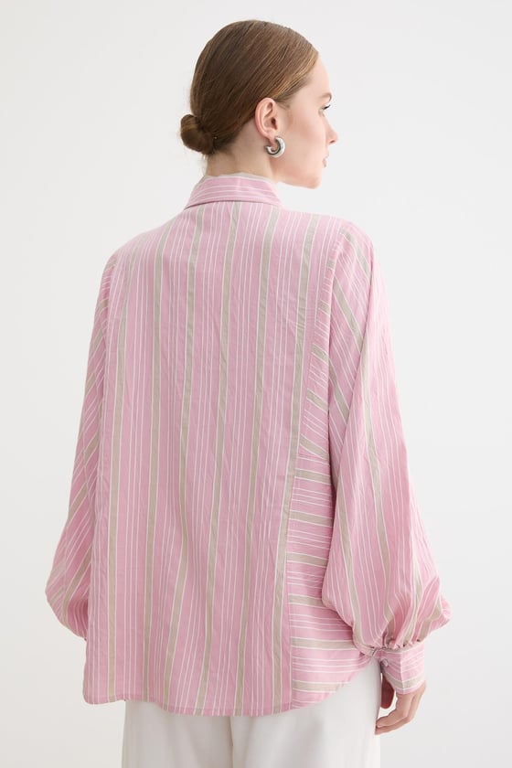 G28-4004-PEMBE-LLEVUREÜst GiyimÖnü Düğmeli Çizgili Oversize Gömlek PEMBE