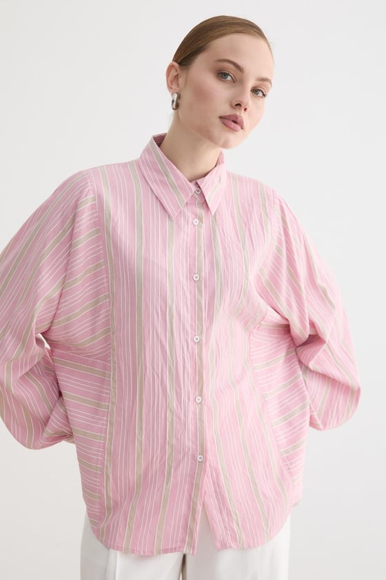 G28-4004-PEMBE-LLEVUREÜst GiyimÖnü Düğmeli Çizgili Oversize Gömlek PEMBE
