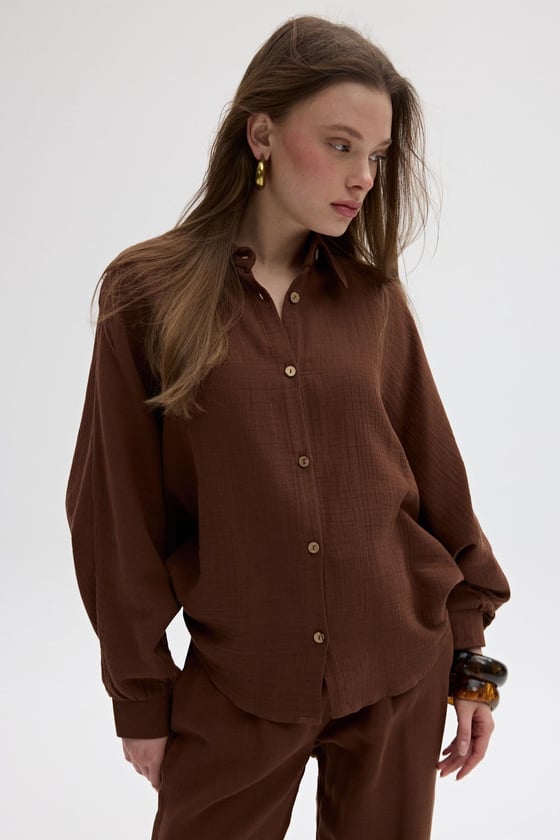 G28-4897-KAHVE-LLEVUREÜst GiyimÖnü Düğmeli Oversize Gömlek KAHVE