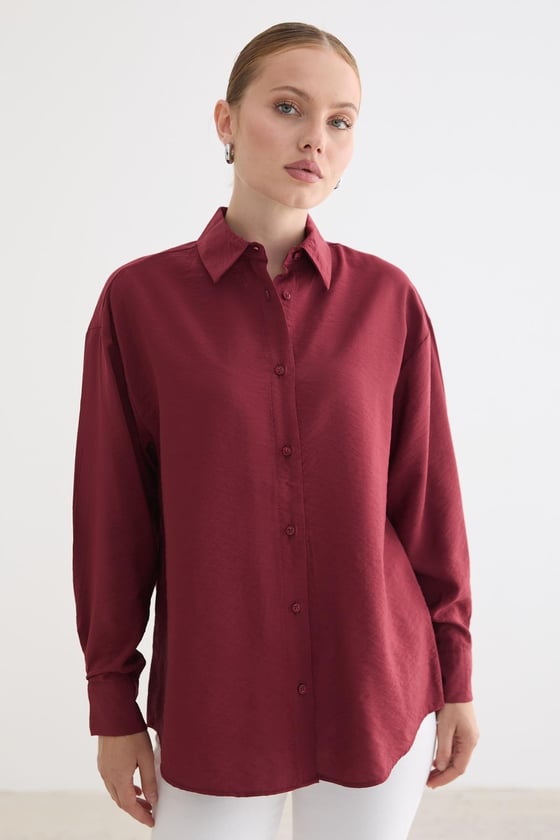 G28-4007-BORDO-LLEVUREÜst GiyimÖnü Düğmeli Oversize Modal Gömlek BORDO