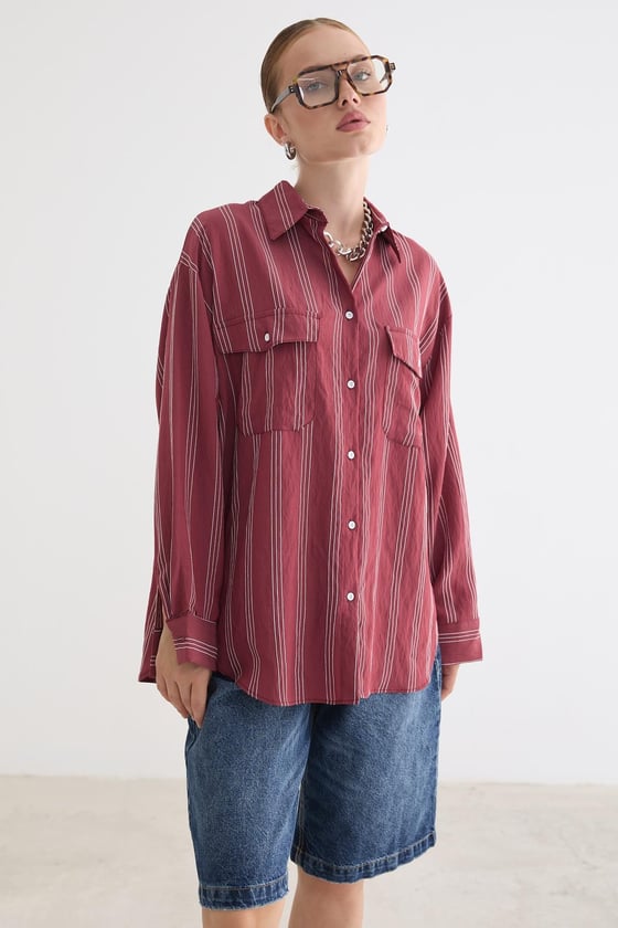 G28-4003-BORDO-LLEVUREÜst GiyimÖnü Düğmeli Oversize Viskon Gömlek BORDO