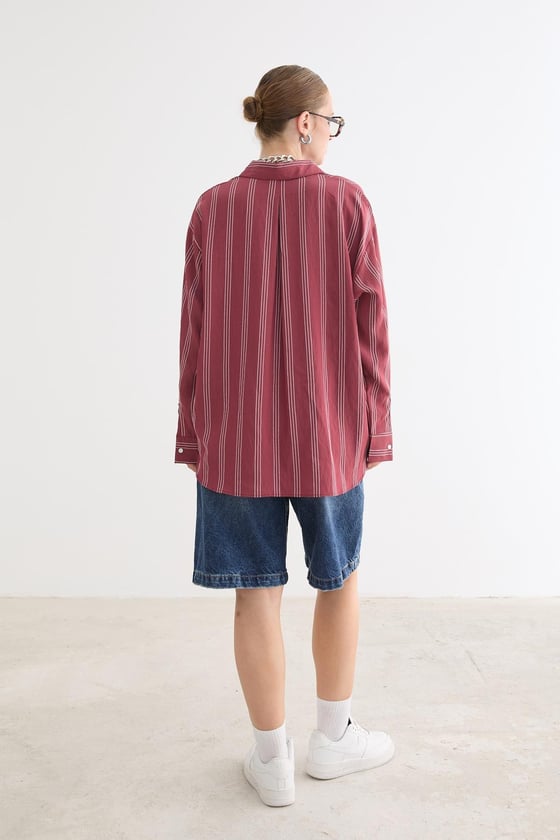 G28-4003-BORDO-LLEVUREÜst GiyimÖnü Düğmeli Oversize Viskon Gömlek BORDO