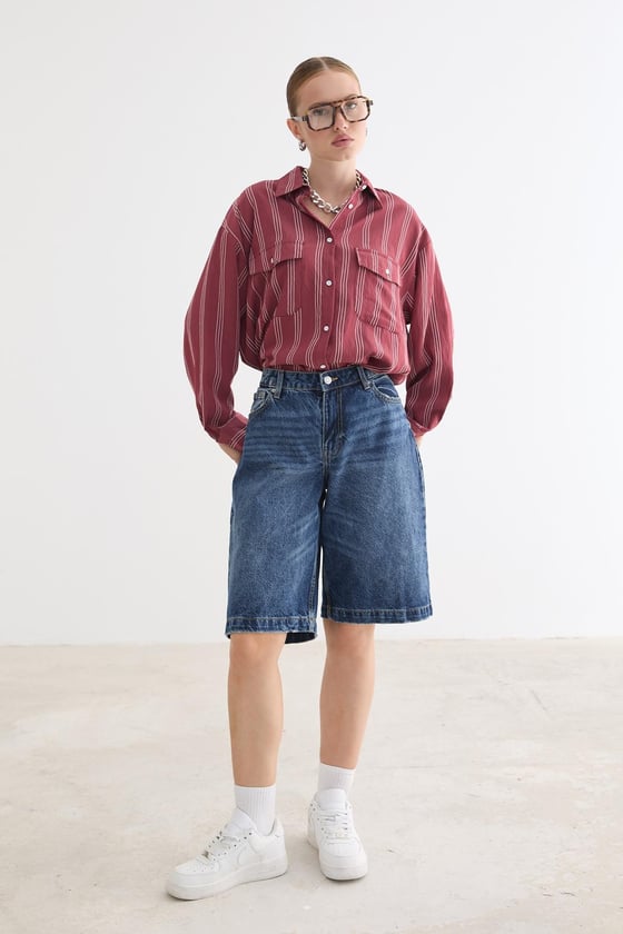 G28-4003-BORDO-LLEVUREÜst GiyimÖnü Düğmeli Oversize Viskon Gömlek BORDO