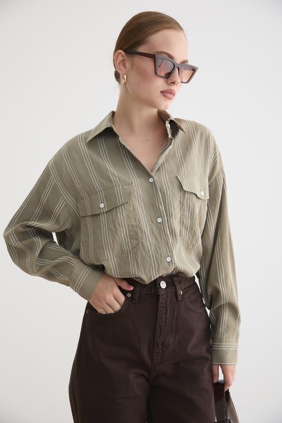 G28-4003-HAKİ-LLEVUREÜst GiyimÖnü Düğmeli Oversize Viskon Gömlek HAKİ