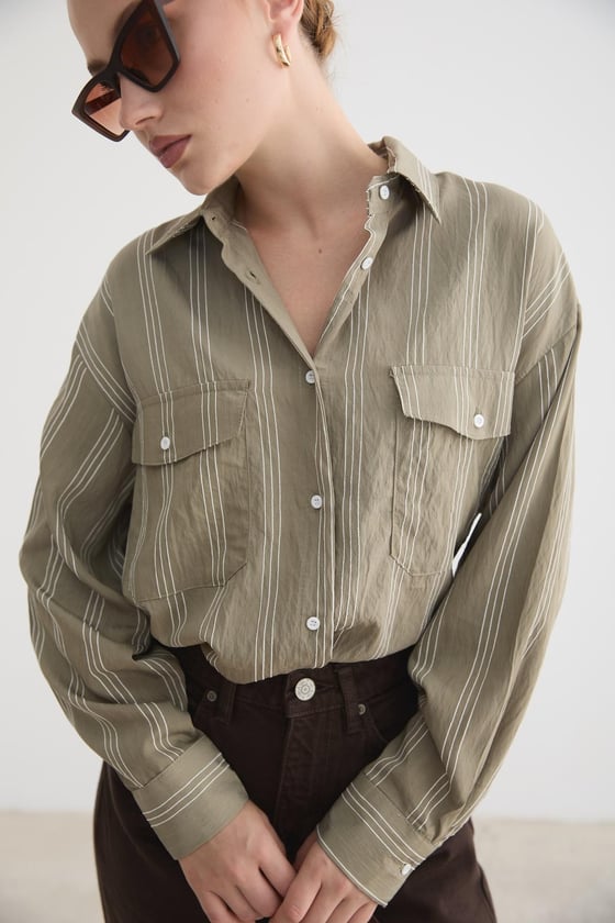 G28-4003-HAKİ-LLEVUREÜst GiyimÖnü Düğmeli Oversize Viskon Gömlek HAKİ