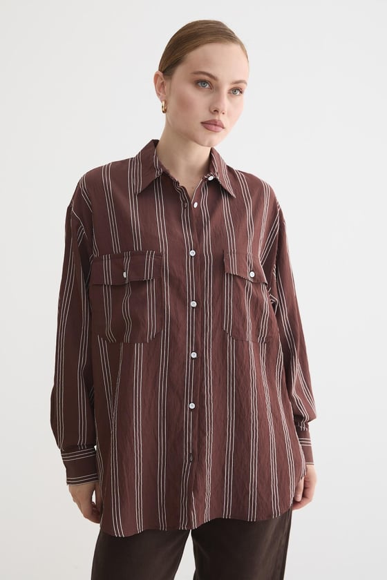 G28-4003-KAHVE-LLEVUREÜst GiyimÖnü Düğmeli Oversize Viskon Gömlek KAHVE